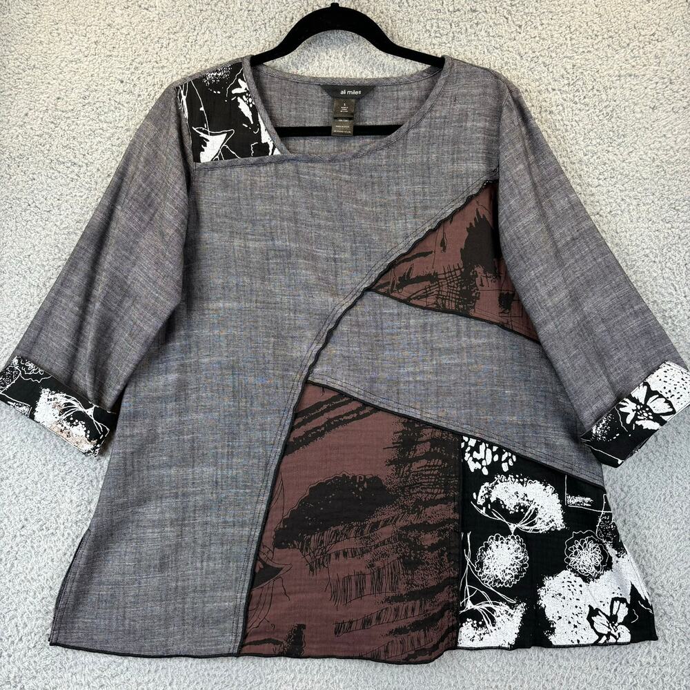 Ali Miles Tunic Small Linen Lagenlook Artsy Boho Patchwork Floral Mixed Media - Picture 1 of 12